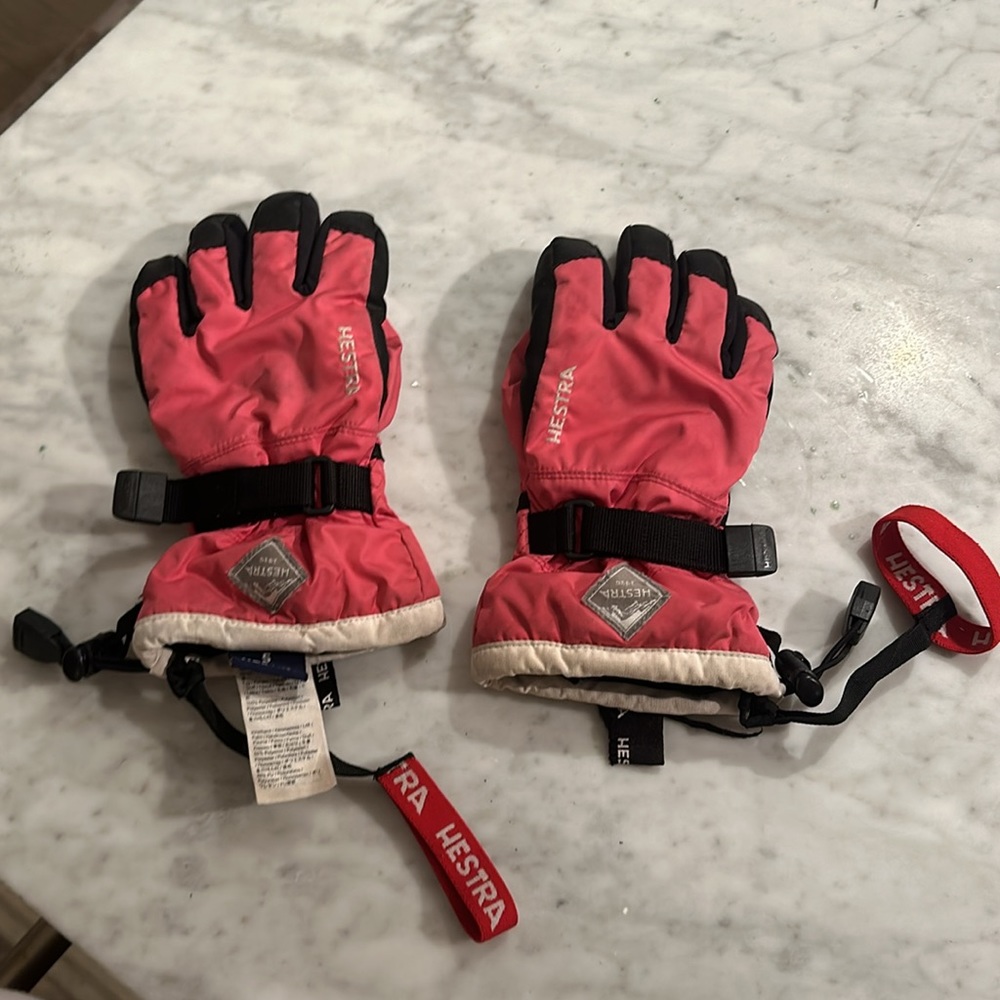 Pink ski jumpsuit (10/12), Zara scarf (M), and Hestra ski gloves (5) - Picture 2 of 4